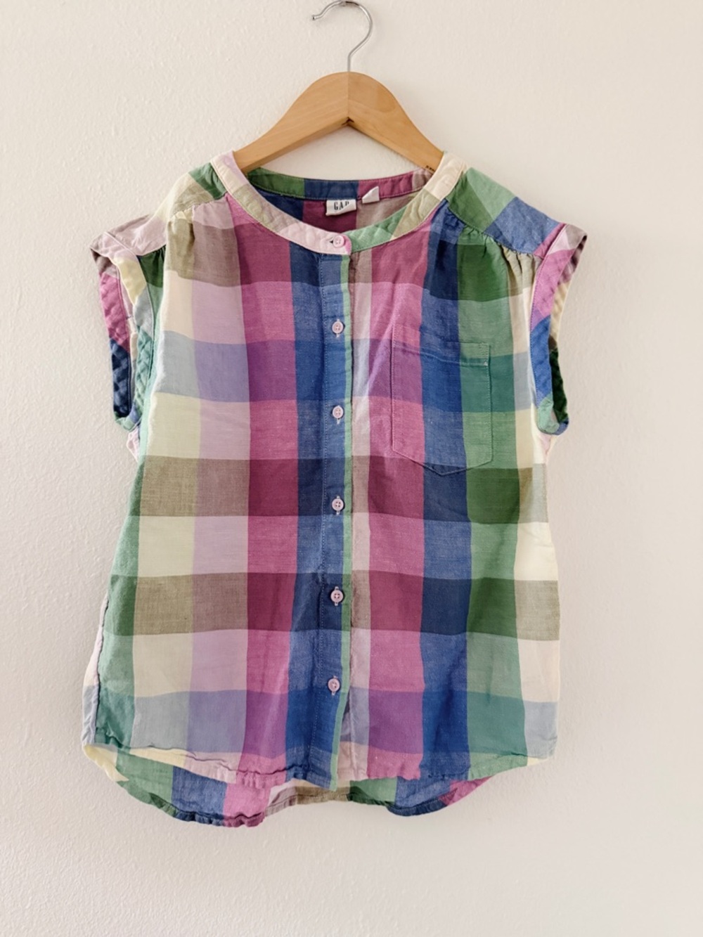 Gap Kids Linen Blend Pastel Plaid Blouse